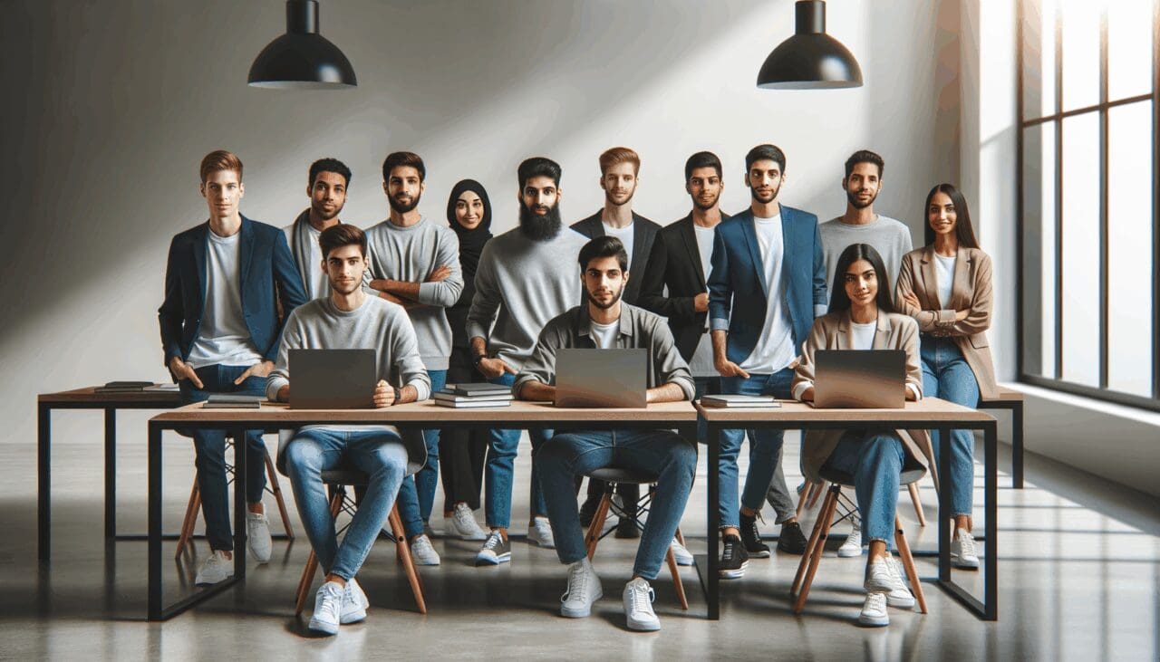 Empresarios jóvenes reunidos en un coworking moderno con laptops y pizarras digitales