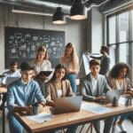 Jóvenes emprendedores en un espacio coworking usando laptops y pizarras digitales