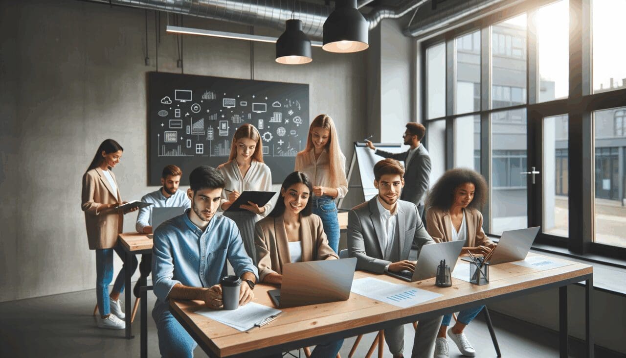 Jóvenes emprendedores en un espacio coworking usando laptops y pizarras digitales