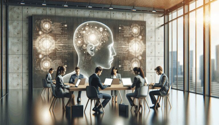 Equipo tecnológico trabajando en laptops con panel digital de inteligencia artificial de fondo