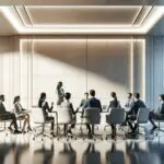 Sala de conferencias moderna con emprendedores y ejecutivos conversando