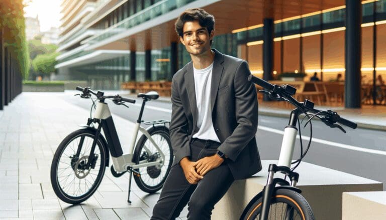 Joven empresario junto a bicicletas eléctricas en un entorno urbano limpio y moderno