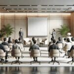 Salón moderno con emprendedores reunidos en una presentación corporativa