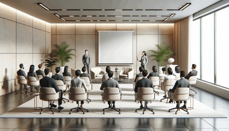 Salón moderno con emprendedores reunidos en una presentación corporativa