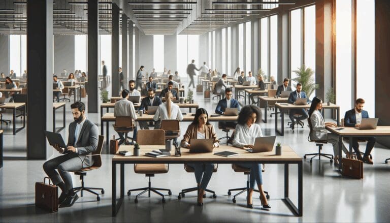 Oficinas modernas con emprendedores trabajando en laptops sobre mesas colaborativas