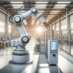 Brazo robótico operando en un entorno industrial moderno y limpio