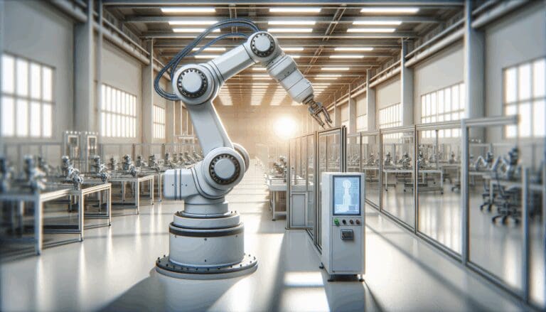 Brazo robótico operando en un entorno industrial moderno y limpio