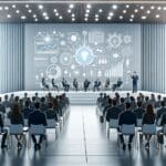 Auditorio moderno con emprendedores presentando ideas tecnológicas frente a autoridades