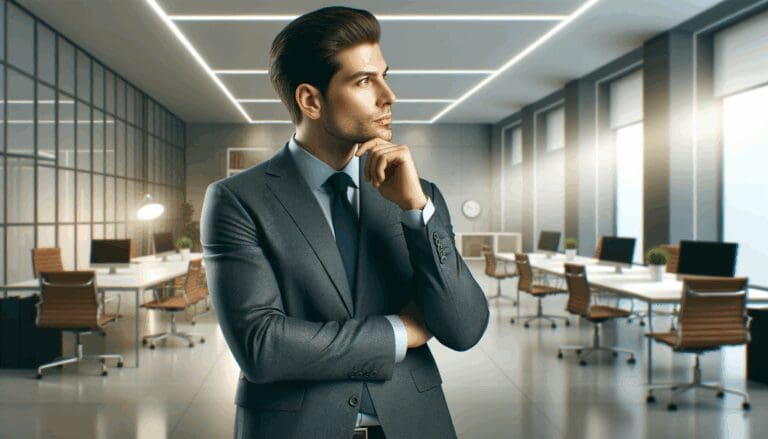 Emprendedor pensativo en una oficina vacía con luz suave y ambiente reflexivo