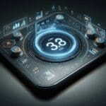 Panel de control digital con visualización de datos energéticos en pantalla flotante sobre fondo oscuro