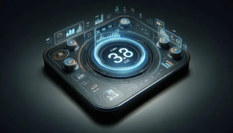 Panel de control digital con visualización de datos energéticos en pantalla flotante sobre fondo oscuro