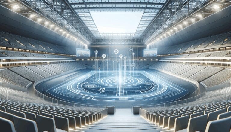 Interior de un estadio deportivo moderno con elementos tecnológicos de diseño limpio