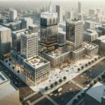 Vista aérea de una ciudad con edificios modernos y espacios de coworking