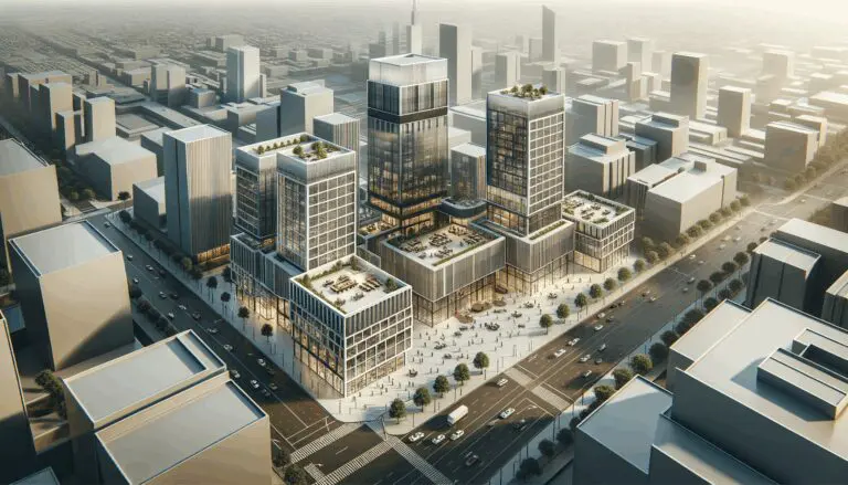 Vista aérea de una ciudad con edificios modernos y espacios de coworking
