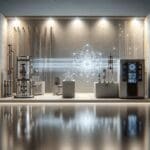 Laboratorio cuántico con fibra óptica iluminada y equipo avanzado.