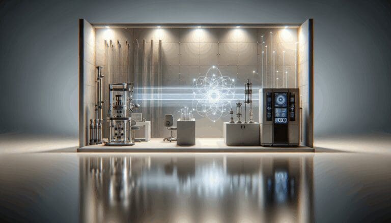 Laboratorio cuántico con fibra óptica iluminada y equipo avanzado.