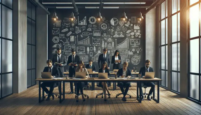 Equipo de emprendedores trabajando en una oficina moderna con laptops y pizarras con ideas