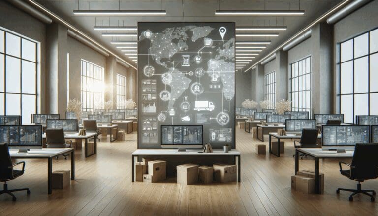 Oficina moderna con pantallas que muestran procesos logísticos digitales