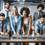 Equipo técnico instalando routers en un espacio de coworking moderno