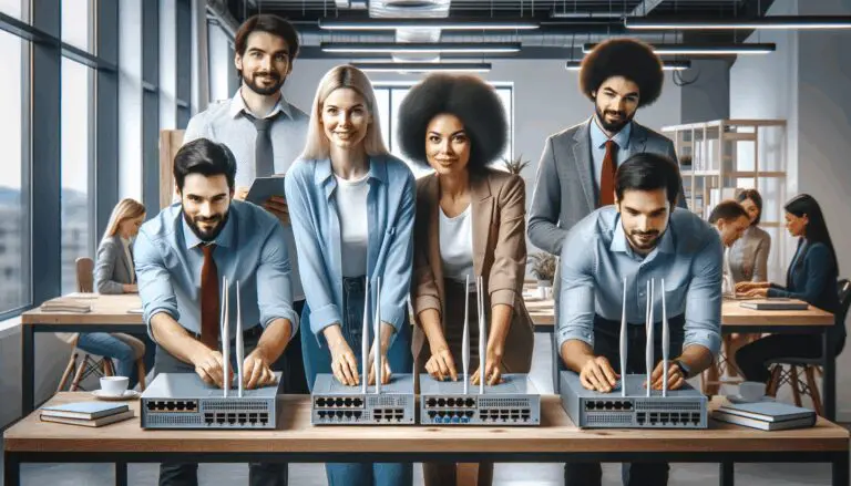 Equipo técnico instalando routers en un espacio de coworking moderno
