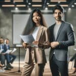 Dos jóvenes emprendedores presentando su proyecto ante un público en un evento tecnológico