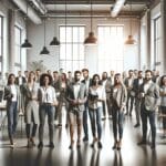 Reunión de emprendedores y mentores en un espacio de coworking moderno