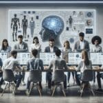 Equipo de desarrolladores de una startup tecnológica trabajando en una interfaz médica basada en inteligencia artificial