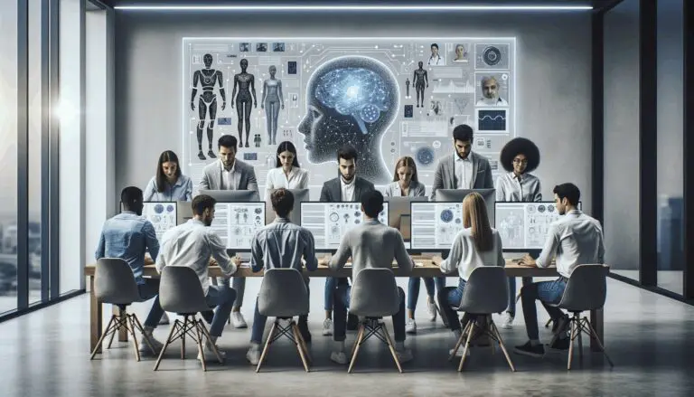 Equipo de desarrolladores de una startup tecnológica trabajando en una interfaz médica basada en inteligencia artificial