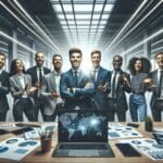 Equipo emprendedor celebrando en un evento de tecnología, con fondo moderno y ambiente de innovación