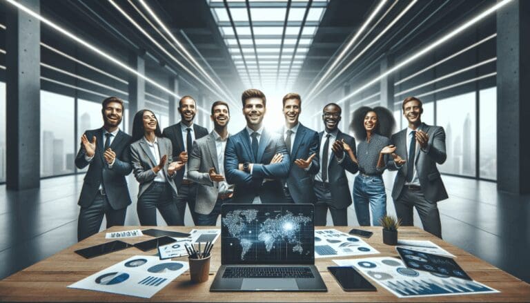 Equipo emprendedor celebrando en un evento de tecnología, con fondo moderno y ambiente de innovación