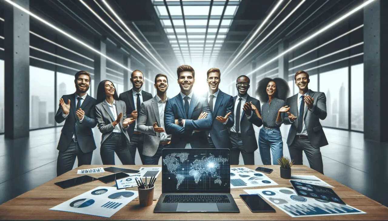 Equipo emprendedor celebrando en un evento de tecnología, con fondo moderno y ambiente de innovación