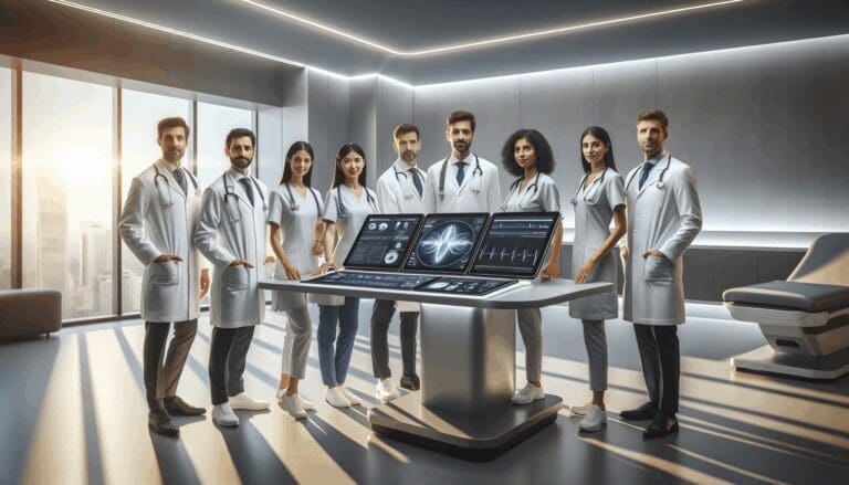 Equipo médico utilizando una interfaz tecnológica en una sala de consulta moderna