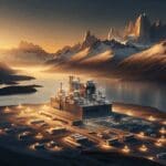 Paisaje de la Patagonia con un complejo tecnológico al amanecer.