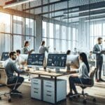 Oficinas modernas con emprendedores colaborando frente a computadoras