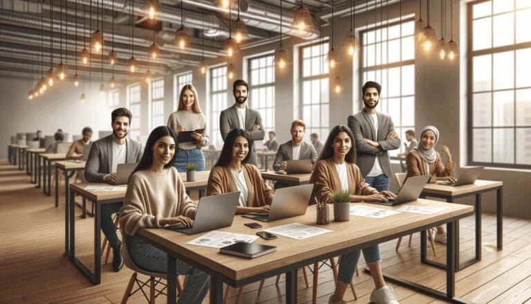 Emprendedores reunidos en un coworking moderno con laptops y notas sobre mesas de trabajo