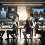 Equipo de desarrolladores trabajando en una oficina moderna con pantallas que muestran visualizaciones de inteligencia artificial