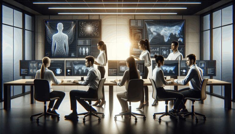 Equipo de desarrolladores trabajando en una oficina moderna con pantallas que muestran visualizaciones de inteligencia artificial