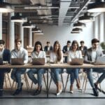 Jóvenes emprendedores trabajando en laptops dentro de un moderno espacio de coworking