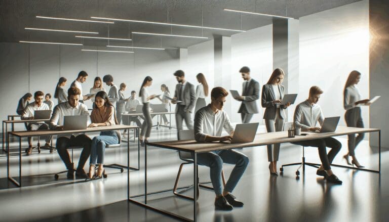 Personas jóvenes trabajando en laptops en un moderno espacio de coworking