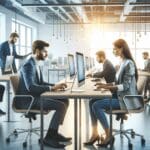 Oficinas modernas de una startup tecnológica con equipo trabajando en computadoras