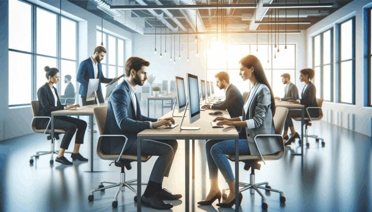 Oficinas modernas de una startup tecnológica con equipo trabajando en computadoras