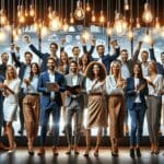 Equipo emprendedor celebrando en un evento tecnológico con pancartas y luces modernas