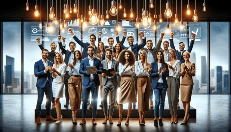 Equipo emprendedor celebrando en un evento tecnológico con pancartas y luces modernas