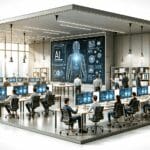 Oficinas modernas con equipos de desarrolladores colaborando frente a pantallas con gráficos de IA