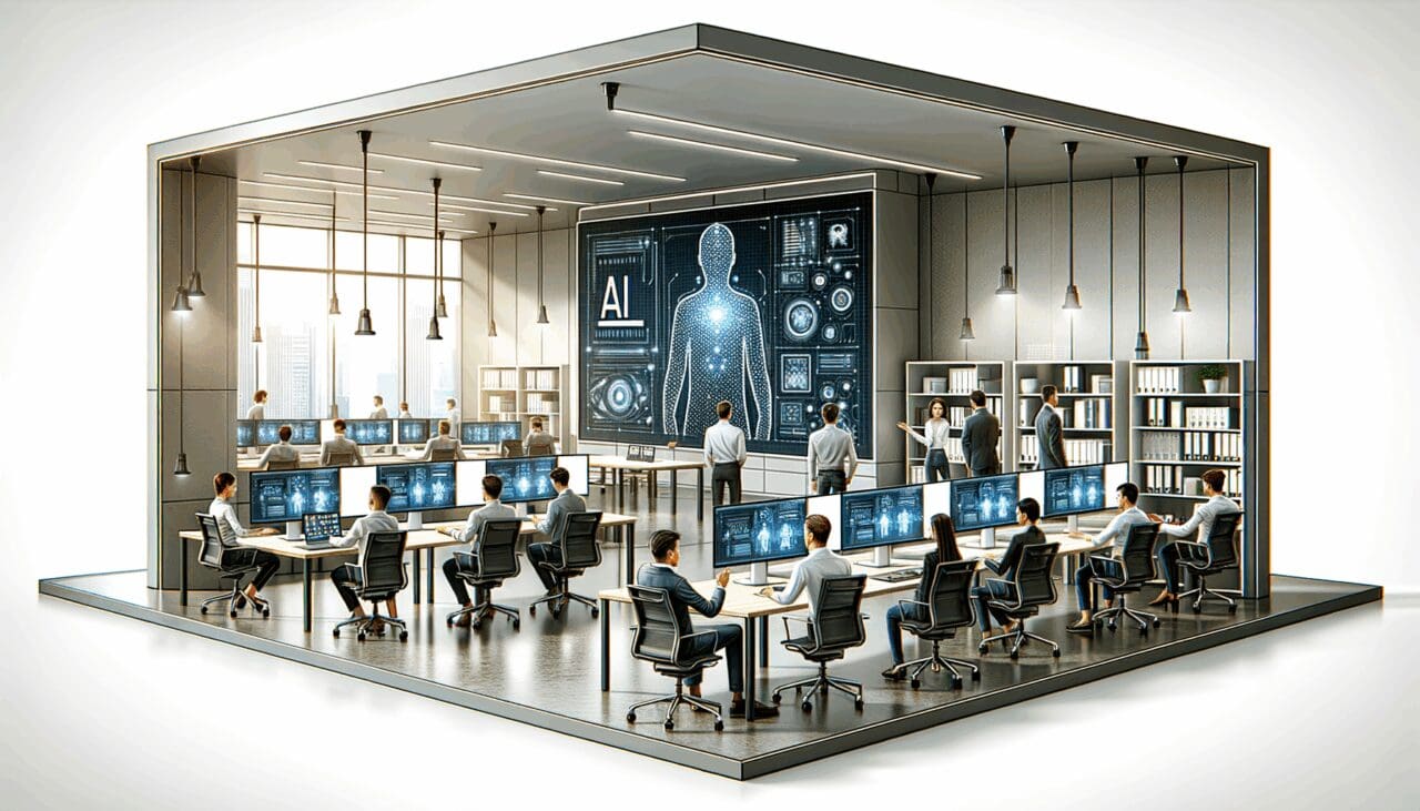 Oficinas modernas con equipos de desarrolladores colaborando frente a pantallas con gráficos de IA