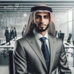 Retrato profesional de un líder empresarial en oficina moderna, con enfoque tecnológico