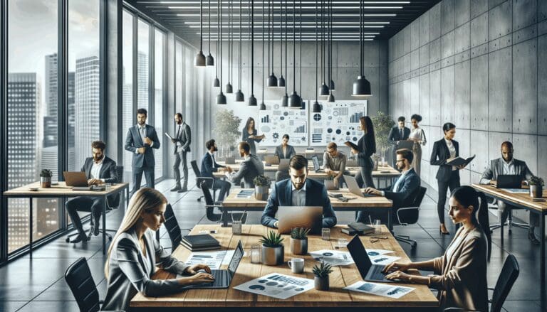 Oficinas modernas con emprendedores trabajando en laptops y diagramas de estrategia.