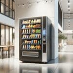 Máquina expendedora moderna con recipientes de comida fresca en un campus universitario contemporáneo