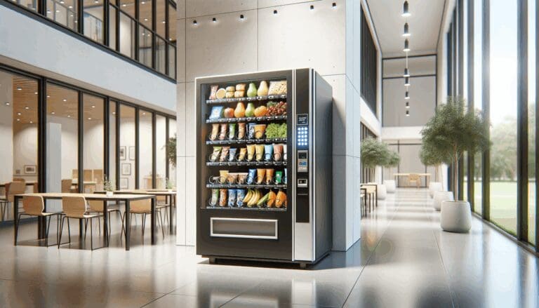 Máquina expendedora moderna con recipientes de comida fresca en un campus universitario contemporáneo