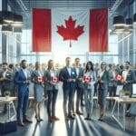 Empresarios reunidos en un moderno centro de innovación con banderas de Canadá y dispositivos electrónicos